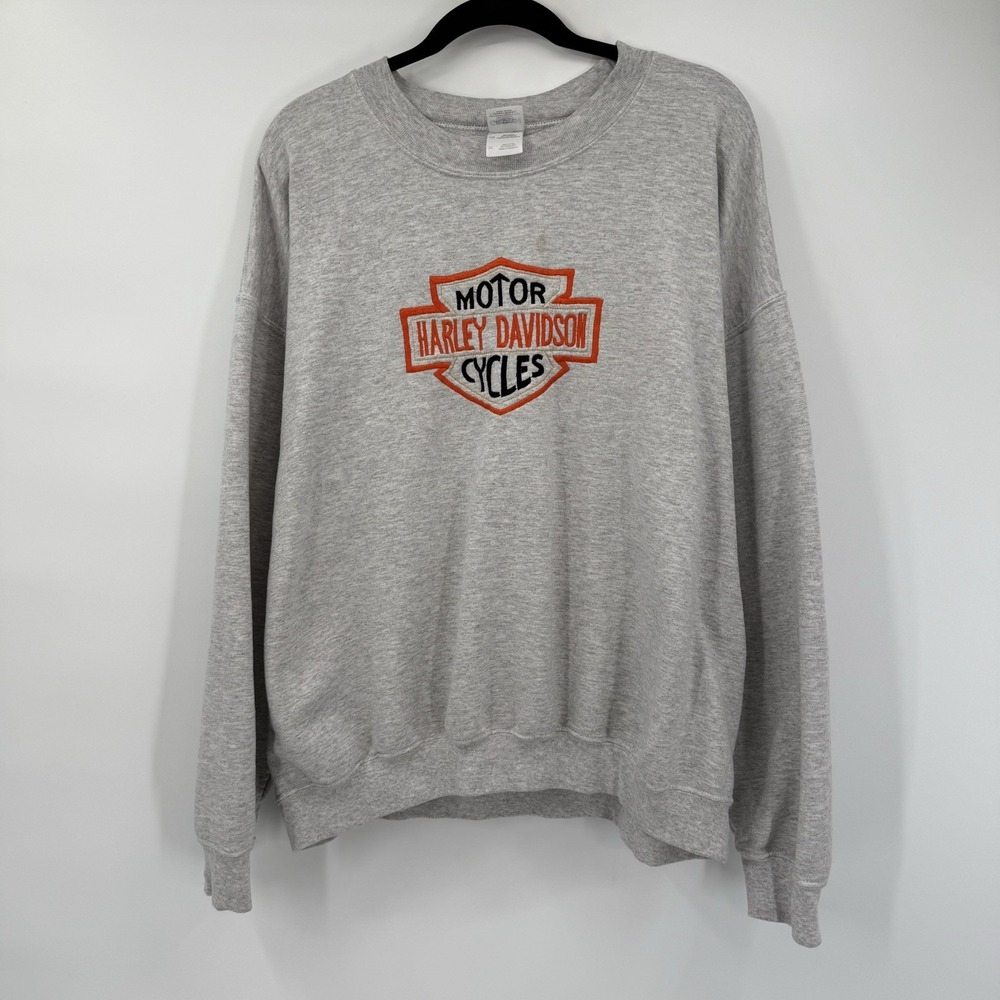 Harley Davidson Mens XL Crewneck Sweatshirt Y2K Gray Bar Shield Logo Embroidery
